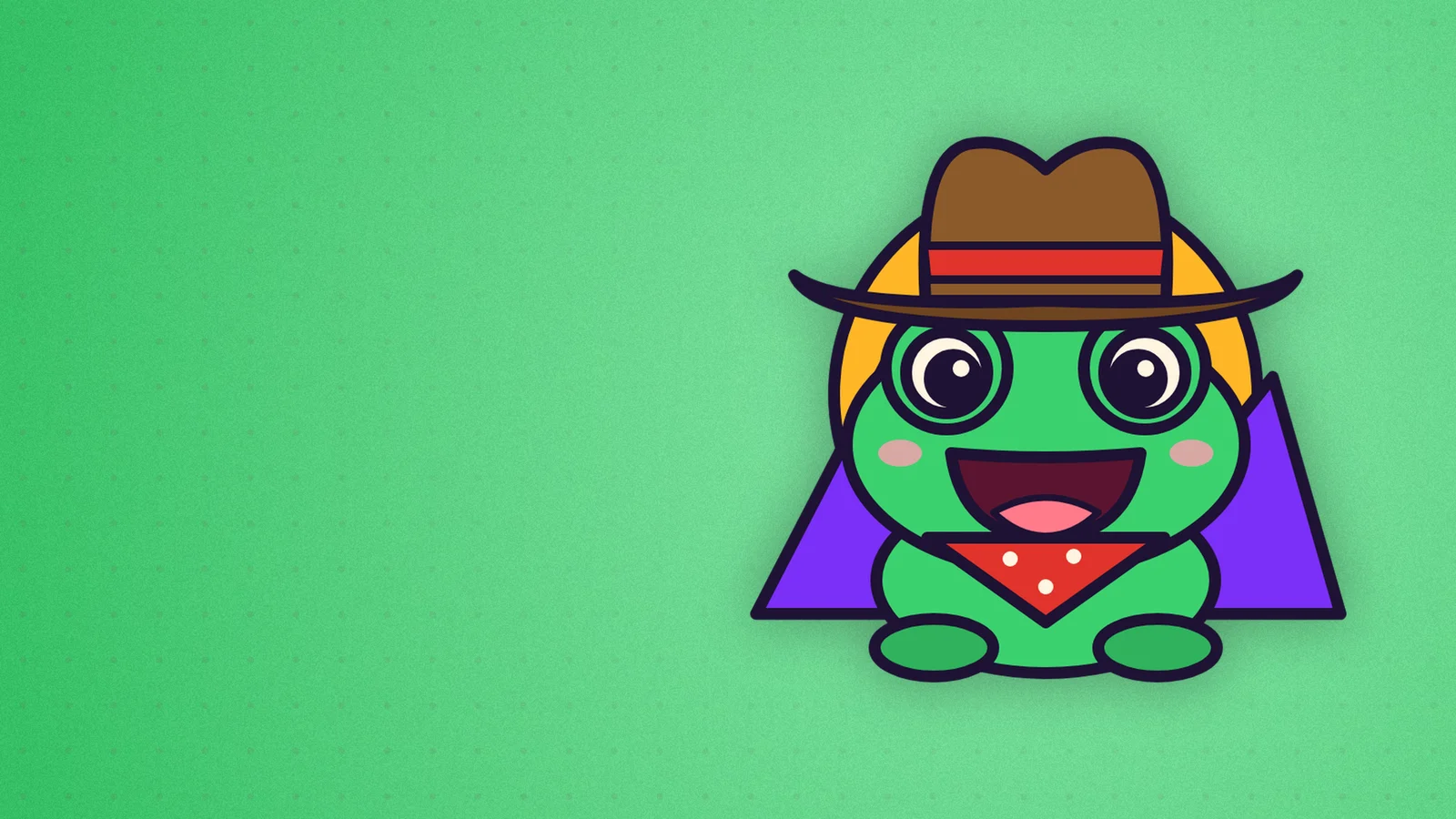 Cartoon green frog with a brown cowboy hat, red bandana and an open-mouth smile, in front of purple mountains and an orange setting sun.