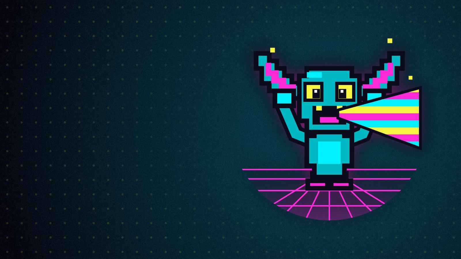 Cyan pixel-art gremlin with big pointed ears and raised arms on a pink neon grid, a striped rainbow beam blasting from its open mouth