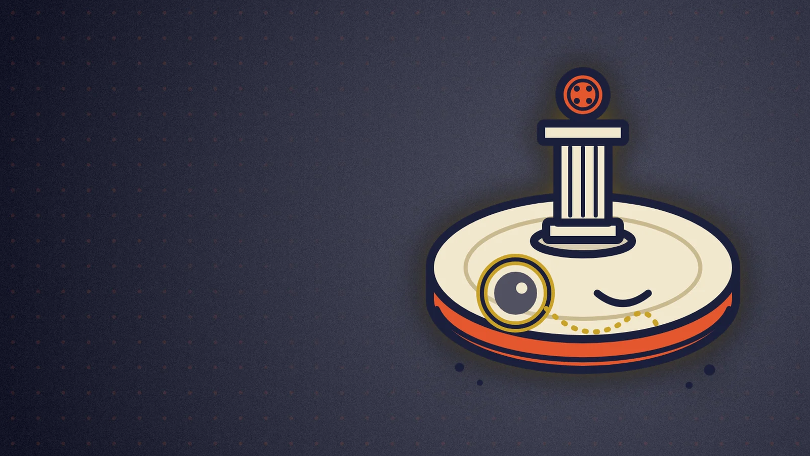 A round cream-and-red robot vacuum with a gold monocle and smile, balancing a small white column on top that displays a red button.