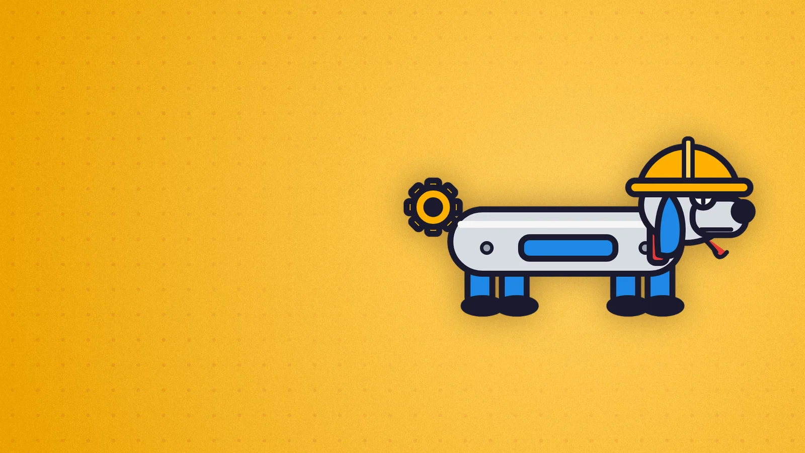A cartoon side view of a long metal robot dachshund. It wears a yellow hard hat, has a bolt for an eye, a blue floppy ear and a yellow gear tail.